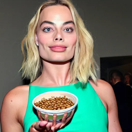 Prompt: margot robbie eating beans from a can