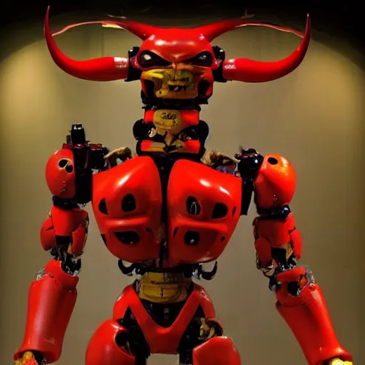 Prompt: a muscular, threatening, yellow and red humanoid robot with large horns. It has a gun in one hand and a knife in the other