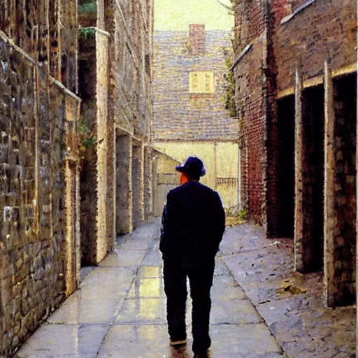 Image similar to a beautiful painting of a man strolling down an alley by Steve Hanks