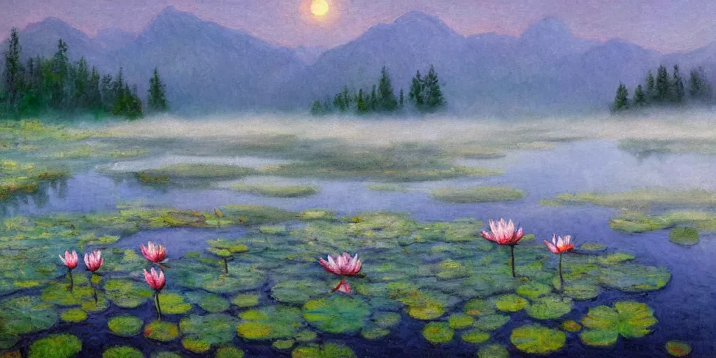 Image similar to impressionism painting of a pond of water lily on a foggy morning, sun low on horizon through snow capped mountains, soft light, misty