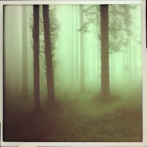 Image similar to you are lost in the forest, polaroid, surrended, foggy