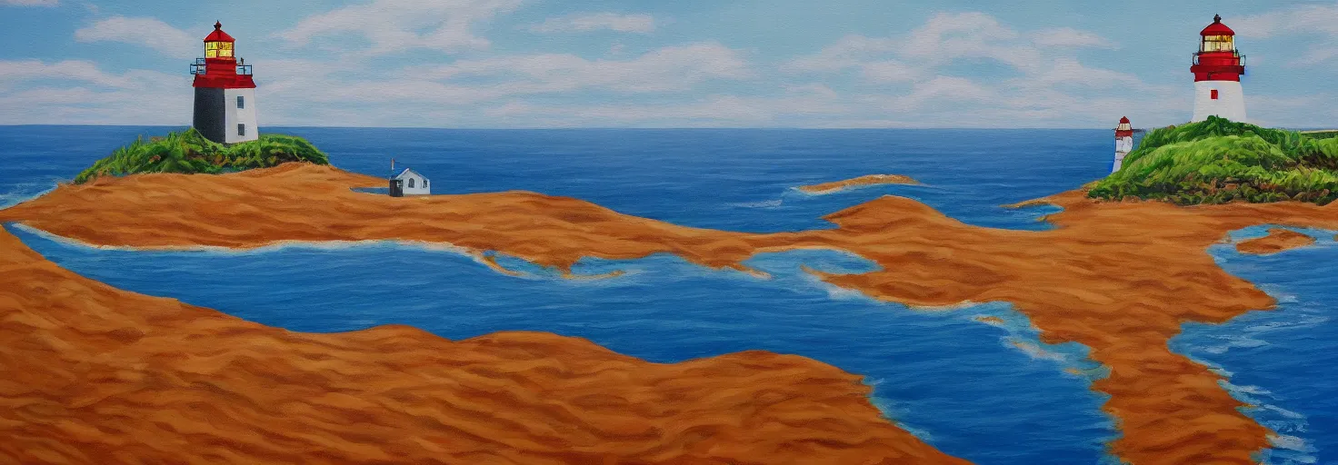 Image similar to super detailed acrylic painting of Prince Edward Island with ocean,a single lighthouse and sand dunes.