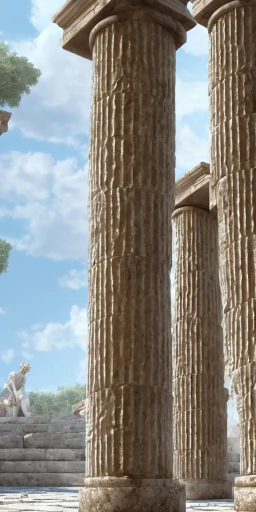 Prompt: ancient greek city, sunny day, marble columns, by ilya kuvshinov, rtx rendering, octane render 1 2 8 k, maya, extreme high intricate details by tom bagshaw, medium shot, composition by sana takeda, lighting by greg rutkowski