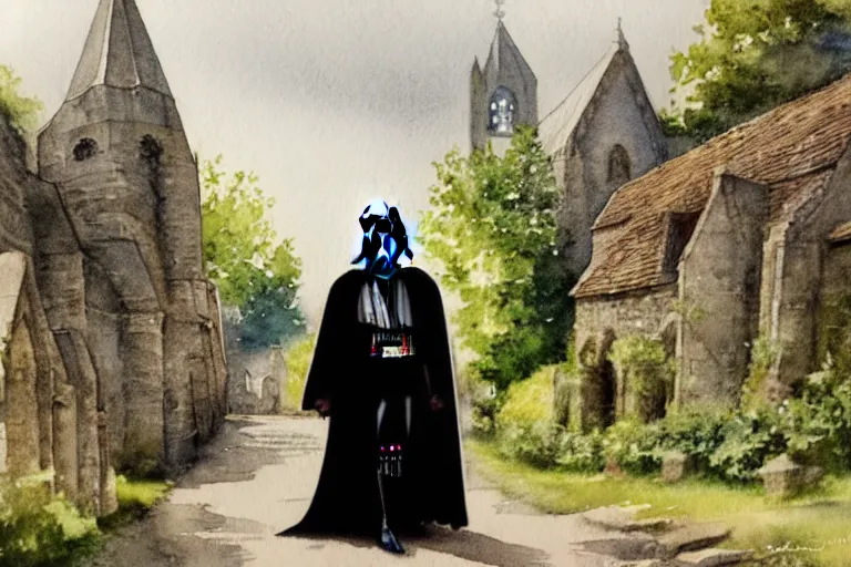 Image similar to a detailed watercolor painting of darth vader leaving a medieval church in a quaint english village, churchyard, trees, golden hour