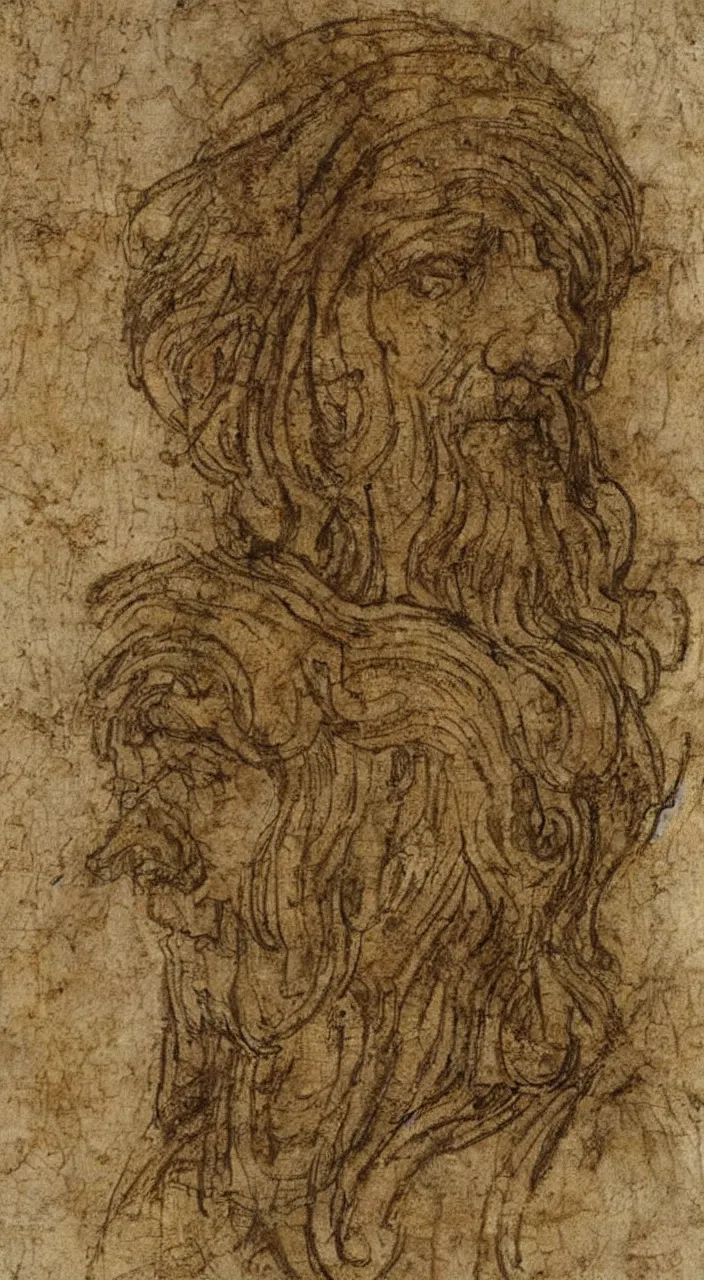 Prompt: leonardo da vinci sketches on sheet of old medival paper with stains and marks texture material