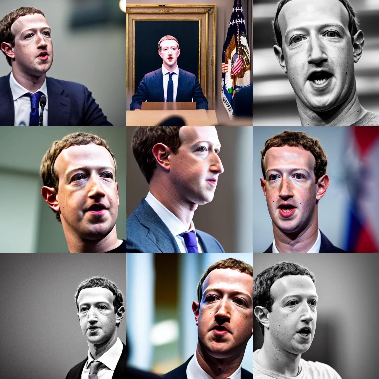 Prompt: headshot of Mark Zuckerberg as the president of the united states arguing with reporters, EOS-1D, f/1.4, ISO 200, 1/160s, 8K, RAW, unedited, symmetrical balance, in-frame, Photoshop, Nvidia, Topaz AI