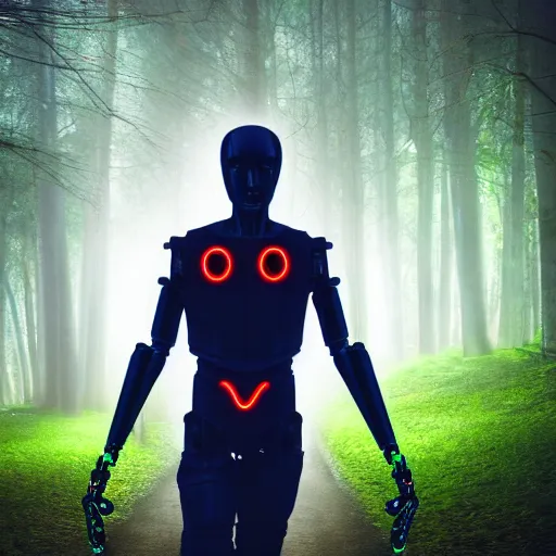 Prompt: Neon realistic robot following unknown blurry man in the woods, dark, highres, high detail