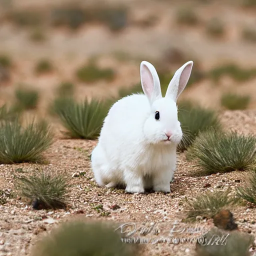 Image similar to photo of a white bunny with black spots on face and nose, in the Texas desert, cactus, desert mountains, big bend, 50mm, beautiful photo,