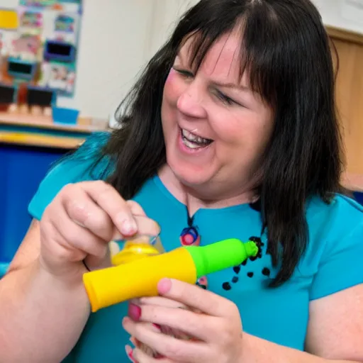 Image similar to A kindergarten teacher demonstrating how to use a bong