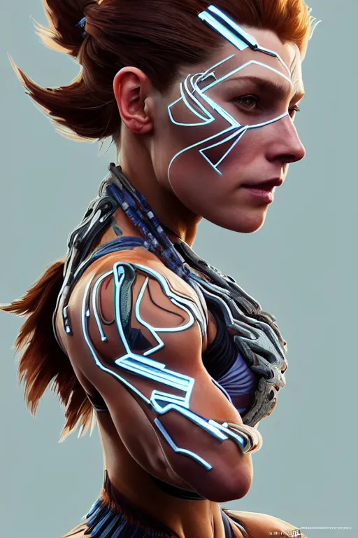 Image similar to symmetry!! portrait of amazing body fitness instructor in the style of horizon zero dawn, machine parts embedded into face, intricate, elegant, highly detailed, digital painting, artstation, concept art, smooth, sharp focus, illustration, art by artgerm and greg rutkowski and alphonse mucha, 8 k