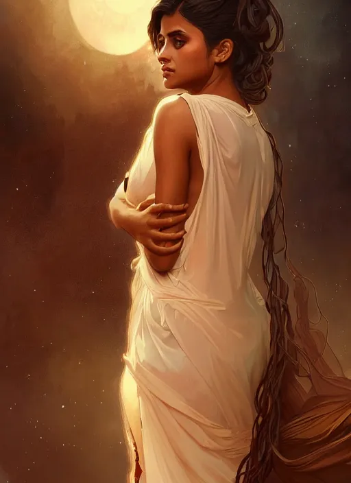 Image similar to cute brown woman wearing a transparent night gown, fantasy, intricate, highly detailed, digital painting, artstation, concept art, wallpaper, smooth, sharp focus, illustration, art by artgerm and greg rutkowski and alphonse mucha