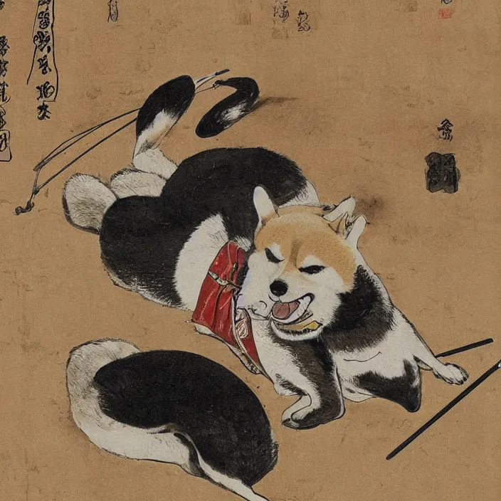 Image similar to a shiba-inu-samurai general waking up from a nap on the battlefield, artwork on loan from the historical dog society of japan