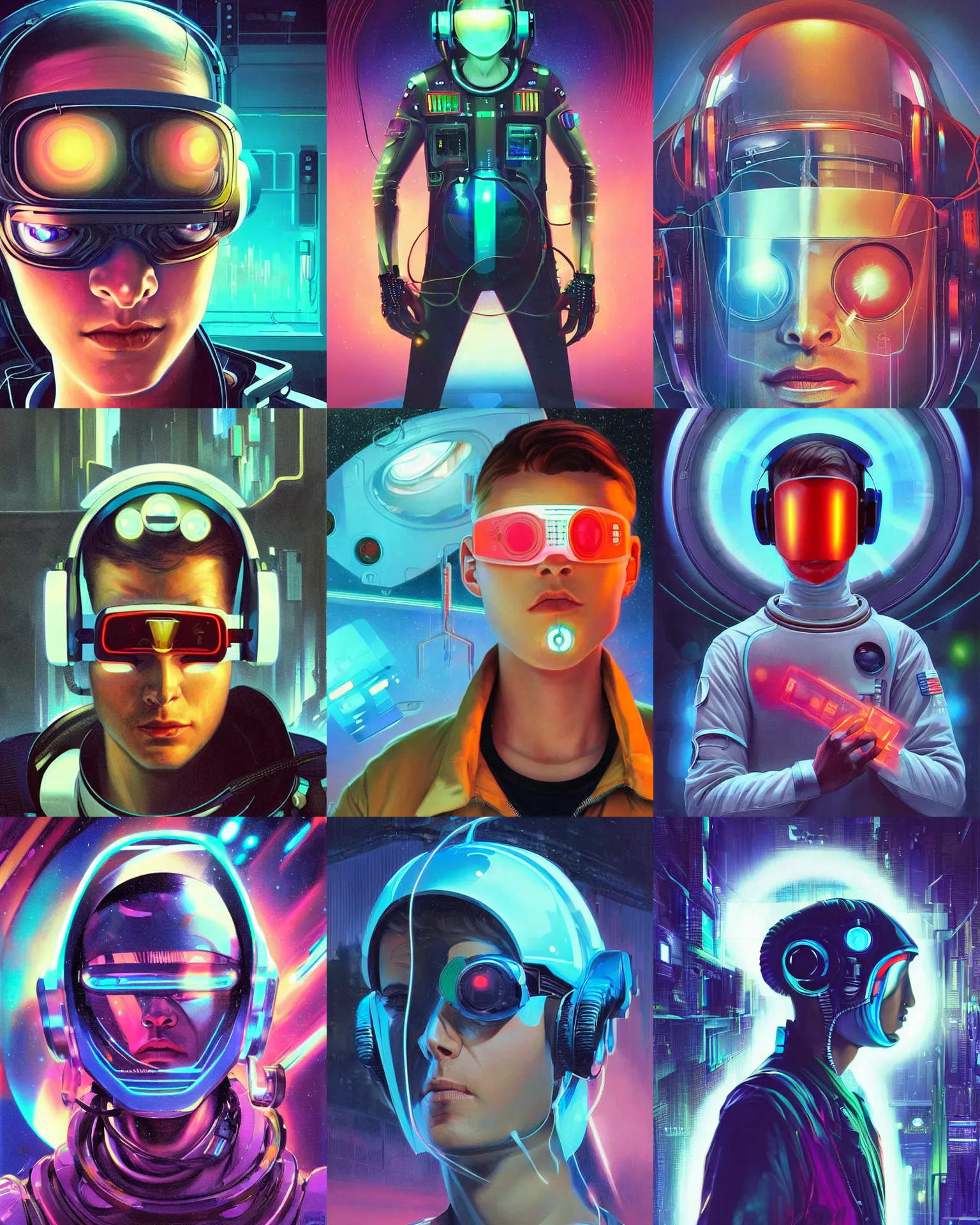 Prompt: future cyberpunk coder man looking on, sleek cyclops display over eyes and sleek bright headphoneset, neon accent lights, holographic colors, desaturated headshot portrait digital painting by dean cornwall, rhads, john berkey, tom whalen, alex grey, alphonse mucha, donoto giancola, astronaut electric