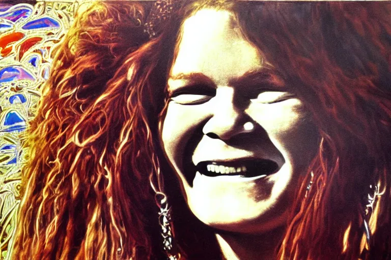 Image similar to highly detailed oil painting of janis joplin playing in woodstock 1 9 6 9, very realistic, top view, art nouveau, dramatic light,