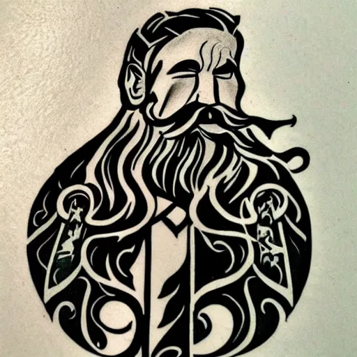 Prompt: tattoo design, stencil, a tarot card of an old man with a beard in the wind