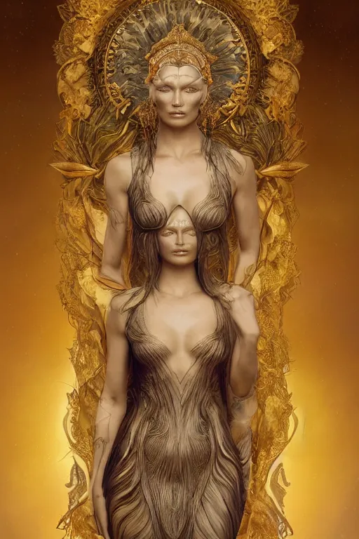 Image similar to a realistic moody photo of a beautiful ancient alien woman goddess kate moss durga standing in iris van herpen dress jewelery and fractals in style of alphonse mucha art nuvo dmt trending on artstation made in unreal engine 4