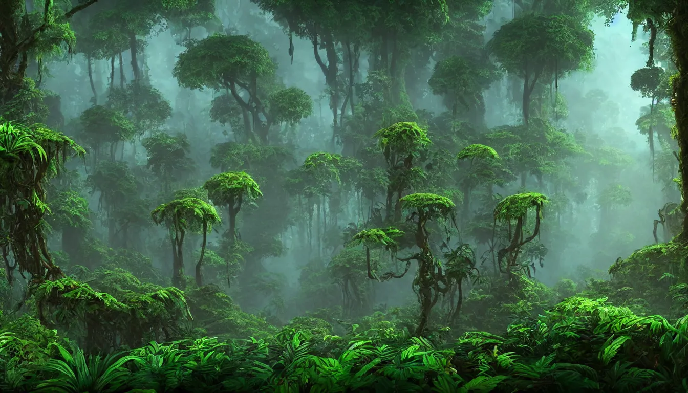 Image similar to deep jungle forest realm biodiversity , side-scrolling 2d platformer game level, swirling clouds of magical mist through the trees, small chunks of forest soil floating like islands between the tree trunks, dramatic dusk sun illuminates areas , volumetric light , detailed entangled roots carpet the forest floor, rich color , upscale , 8k