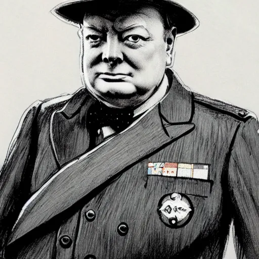 Image similar to winston churchill dressed in cuberpunk military gear. Epic portrait by james gurney and Alfonso mucha.