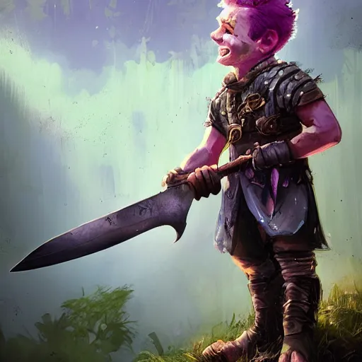 Image similar to male halfling youth adventurer with purple skin, by Ismail Inceoglu, wearing leather adventuring clothes, shabby, short, kid, bald, wielding knife, happy grin, character portrait closeup, digital art, dungeons and dragon, character