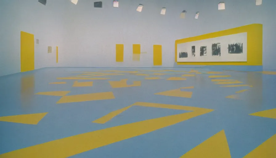 Image similar to 60s movie still of a sovietic stalinist style empty art museum with yellow wall and light blue tiles floor, LOMOCHROME PURPLE FILM 100-400 35MM, liminal Space style, heavy grain