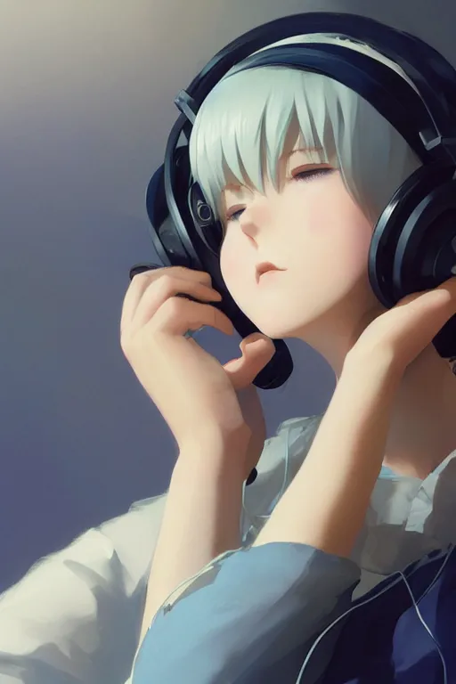 Image similar to a cute young woman listening to music with her eyes closed and wearing headphones in the style of Ilya Kuvshinov and Range Murata, white bob cut hair, freckles, blue filter, blue and white, vivid colors, soft lighting, cinematic, moody, nier automata, poster, oil on canvas by Krenz Cushart, 8k