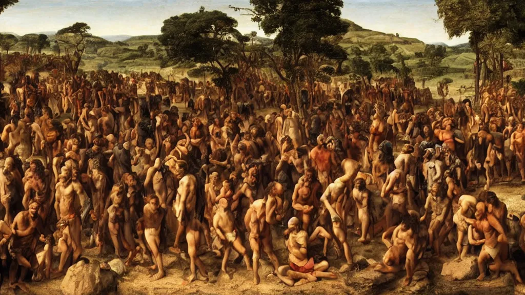 Image similar to hundreds of neanderthals gathering for a trade in an african valley, in the style of italian renaissance