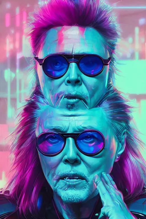 Prompt: a cyberpunk christopher walken with blue and pink hair wearing reflective sunglasses, neon colors, hyper detailed, digital art, cinematic lighting, concept art by artgerm and greg rutkowski and jakub rebelka and ruan jia
