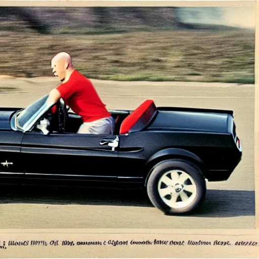 Image similar to coloured photograph of a muscled young white bald guy with broad shoulders, black shirt and a large chest driving a racing red mustang down a british road, high detail, very clear faces