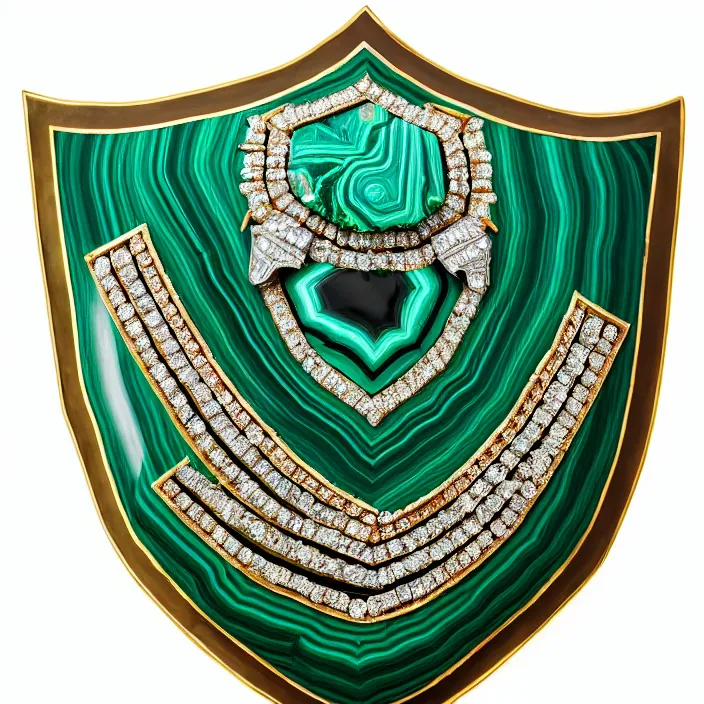 Image similar to photograph of a real-life malachite shield with jewels. Extremely detailed. 8k