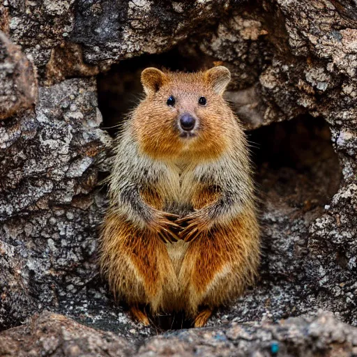 Image similar to happy quokka spider hybrid, bold natural colors, national geographic photography, masterpiece, in - frame, canon eos r 3, f / 1. 4, iso 2 0 0, 1 / 1 6 0 s, 8 k, raw, unedited, symmetrical balance