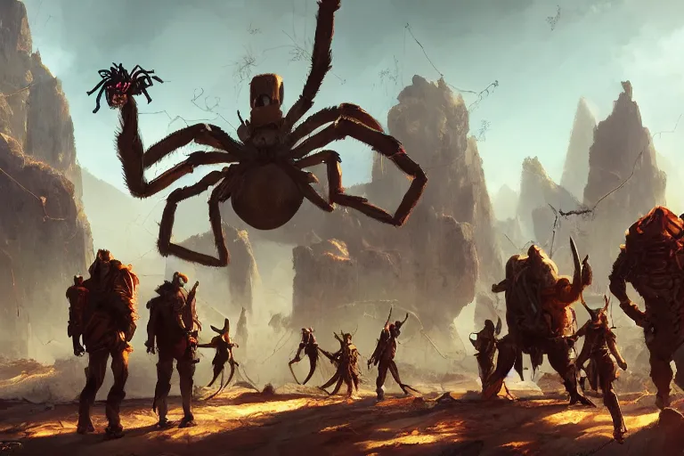 Image similar to an adventurer group with a giant spider behind them, epic, digital art in the style of Greg Rutkowski and Craig Mullins, 4k