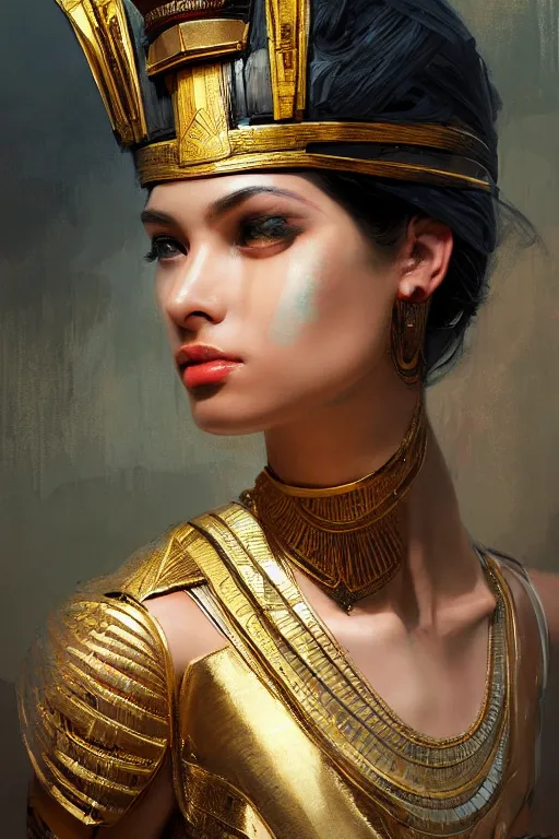 Image similar to egyptian princess, gorgeous, portrait, powerfull, intricate, elegant, volumetric lighting, digital painting, highly detailed, artstation, sharp focus, illustration, ruan jia