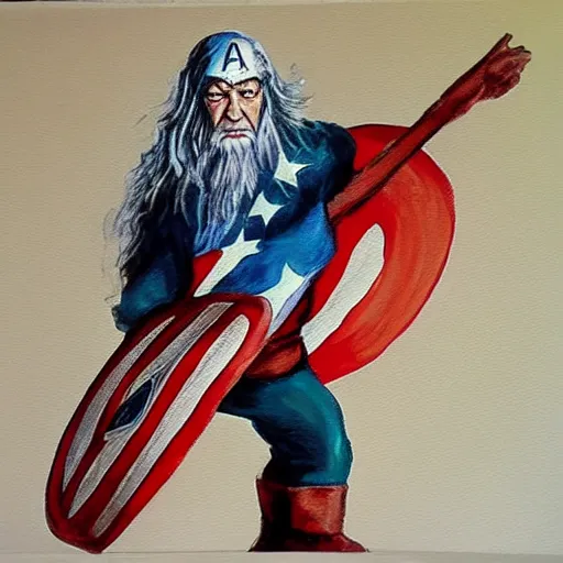 Image similar to gandalf as captain america, painting