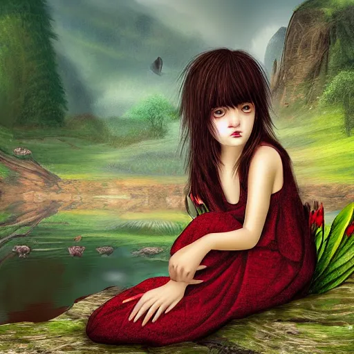 Prompt: prompt Young Harpy, red feathered wings, wearing Inka clothes, sad expression, sitting at a pond, mountainous area, trees in the background, digital art