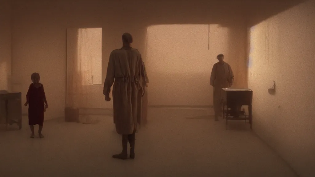 Image similar to we watch the strange creature searches for a spoon inside our kitchen, film still from the movie directed by Denis Villeneuve with art direction by Zdzisław Beksiński, wide lens, golden hour