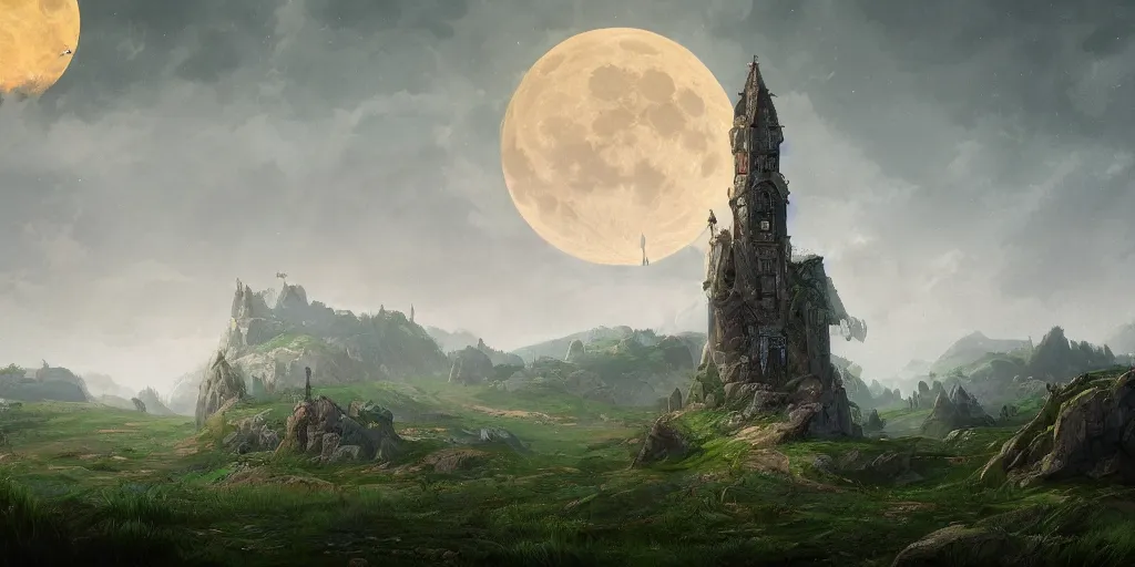 Image similar to The great intricate marble wizards tower, painted landscape, green fields in the background, moody lighting, moon in the night sky, sharp image, 4k, artstation, colorful digital art