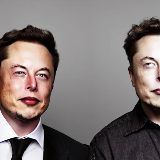 Image similar to A portrait photo of Elon Musk teams up with a teenage Elon Musk, perfect faces, 50 mm, award winning photography