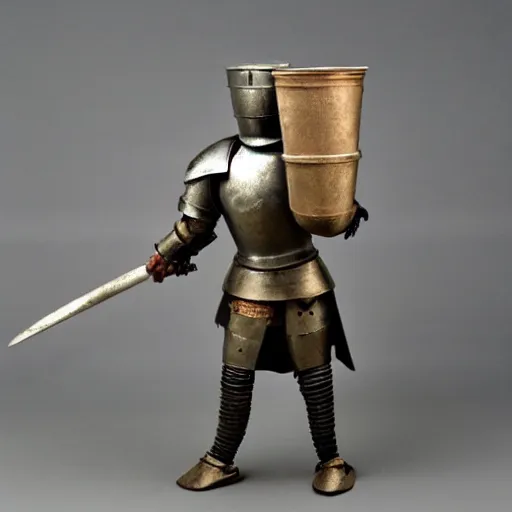 Image similar to one - armed medieval armored knight with bucket on his head, painting