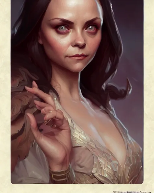 Image similar to Christina Ricci, D&D, fantasy, intricate, elegant, highly detailed, digital painting, artstation, concept art, matte, sharp focus, illustration, hearthstone, art by Artgerm and Greg Rutkowski and Alphonse Mucha