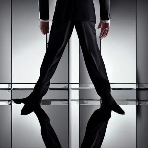 Image similar to endless reflections of a man in a mirror, dark suit, by sergey belik