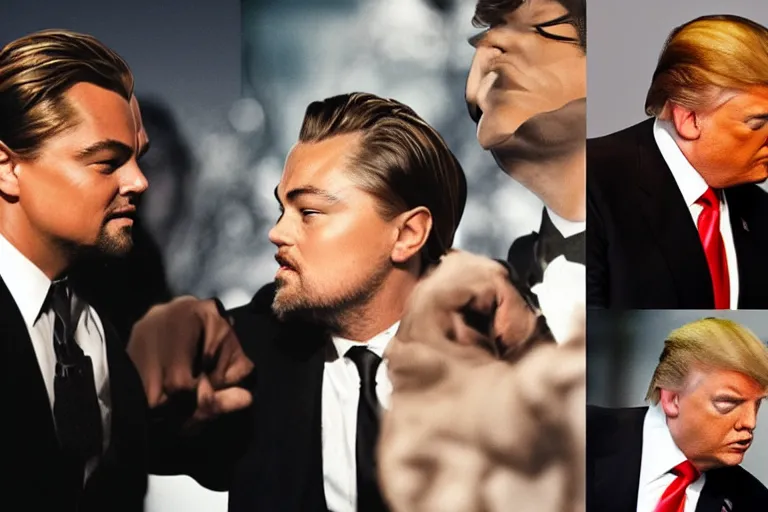 Prompt: leonardo dicaprio planting an idea in donald trump's head inception style, cinematic lighting