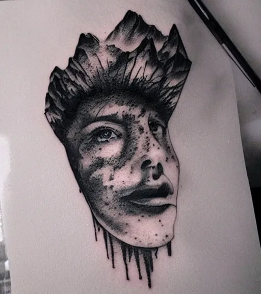 Image similar to tattoo design sketch of a beautiful mountain scenery with a faded beautiful woman face, hyper - realistic, in the style of matteo pasqualin, amazing detail, black and white, faded