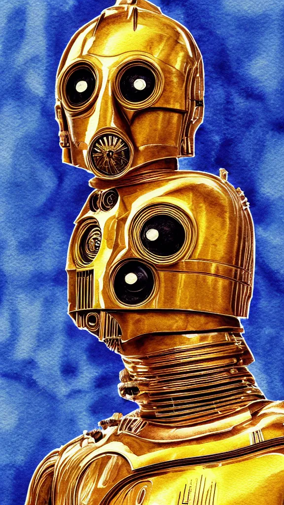 Prompt: a portrait of c - 3 po in a watercolor style. faded wash. color harmony, 8 k detail, gallery quality, hd wallpaper, premium prints available, hyper - detailed, intricate design.