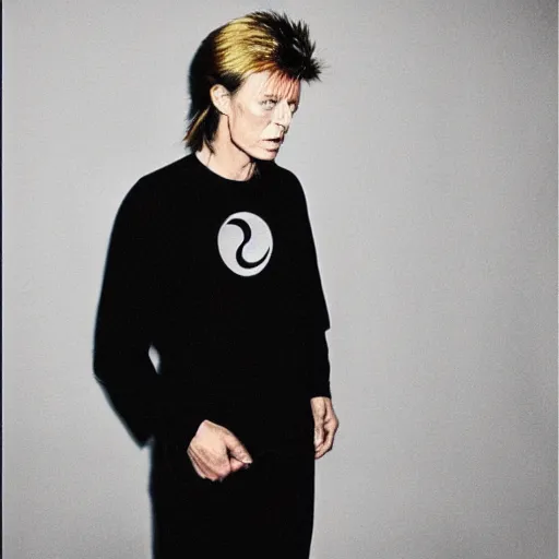 Prompt: david bowie wearing a yin - yang daoism dao symbol shirt, tarkofsky style