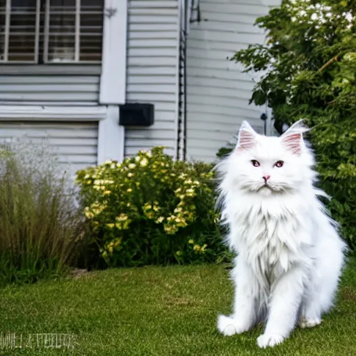 Prompt: a cute white fluffy maine coon cat sitting on the corner of a front yard outside in the late afternoon on a beautiful summer day, sunset