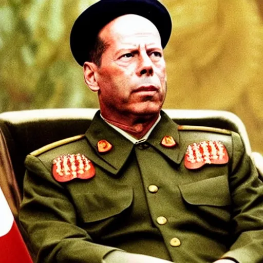 Prompt: Bruce Willis as Mao Zedong, leader of China. He is dressed like a military dictator, and is in a conference with Soviet Leaders in Siberia.