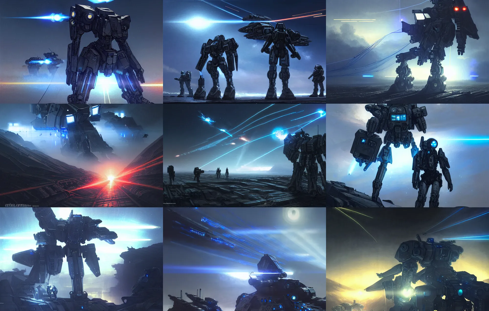Prompt: an armored core v, booster flares, legs, laser rifles, karst landscape, dark blue sky, cloud ; scifi, glowing lights intricate elegant, highly detailed, digital painting, artstation, concept art, smooth, sharp focus, thin glowing wires, illustration, art by artgerm and greg rutkowski and alphonse mucha, singularity