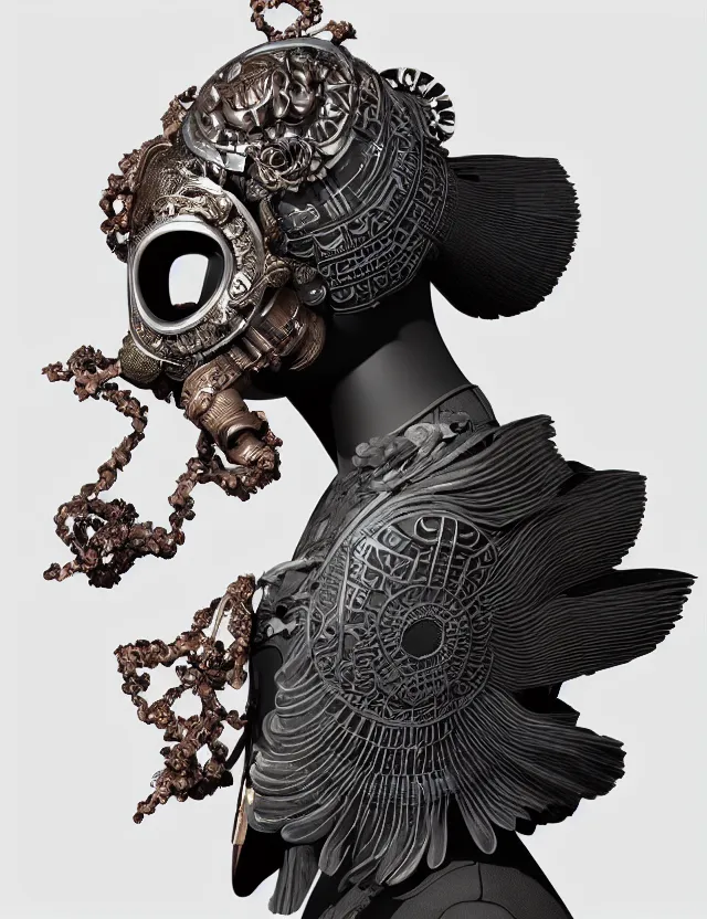 Prompt: 3 d goddess close - up profile portrait with vintage gas mask ram skull. beautiful intricately detailed japanese crow kitsune mask and clasical japanese kimono. betta fish, jellyfish phoenix, bio luminescent, plasma, ice, water, wind, creature, artwork by tooth wu and wlop and beeple and greg rutkowski