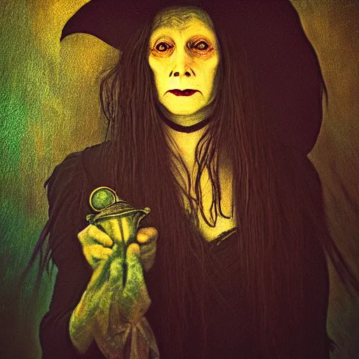 Image similar to portrait of a cursed photograph of a disturbing witch, horror, award winning photography, hdr, studio lighting medium close shot, mucha style,