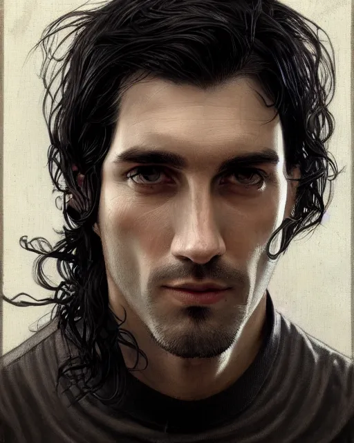 Prompt: portrait of tall, 3 3 - year - old handsome man with long dirty black hair, and grey eyes, wearing black clothes, clear face, hyper realistic face, beautiful eyes, close up, fantasy art, in the style of greg rutkowski, intricate, alphonse mucha, hyper detailed, smooth